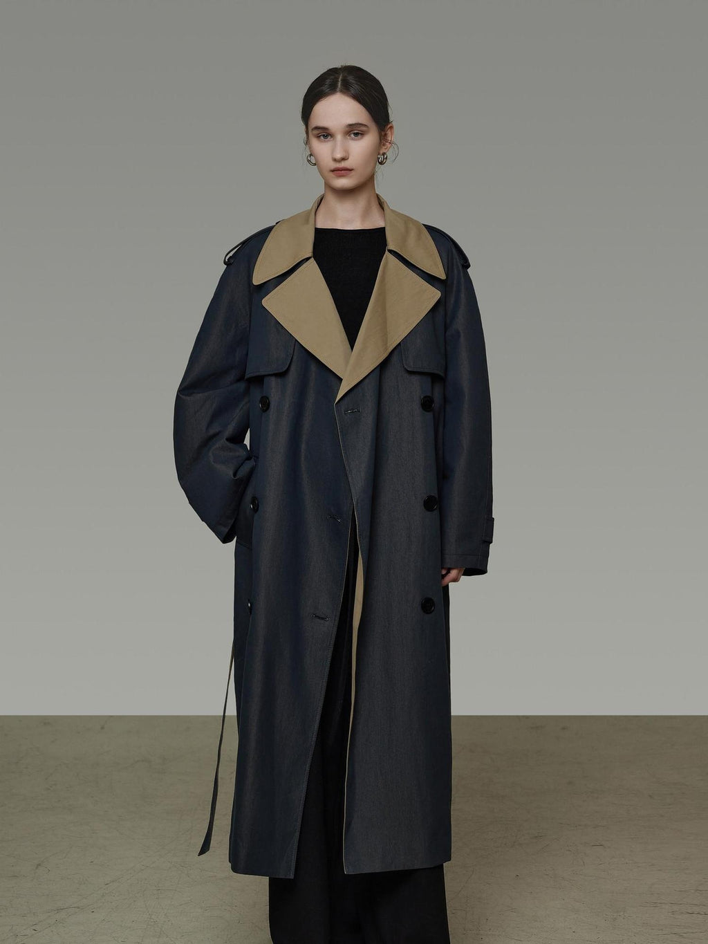 unspoken Navy Cotton Denim Double Breasted Loose Fit Commuter Women Trench Coats