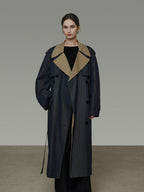 unspoken Navy Cotton Denim Double Breasted Loose Fit Commuter Women Trench Coats