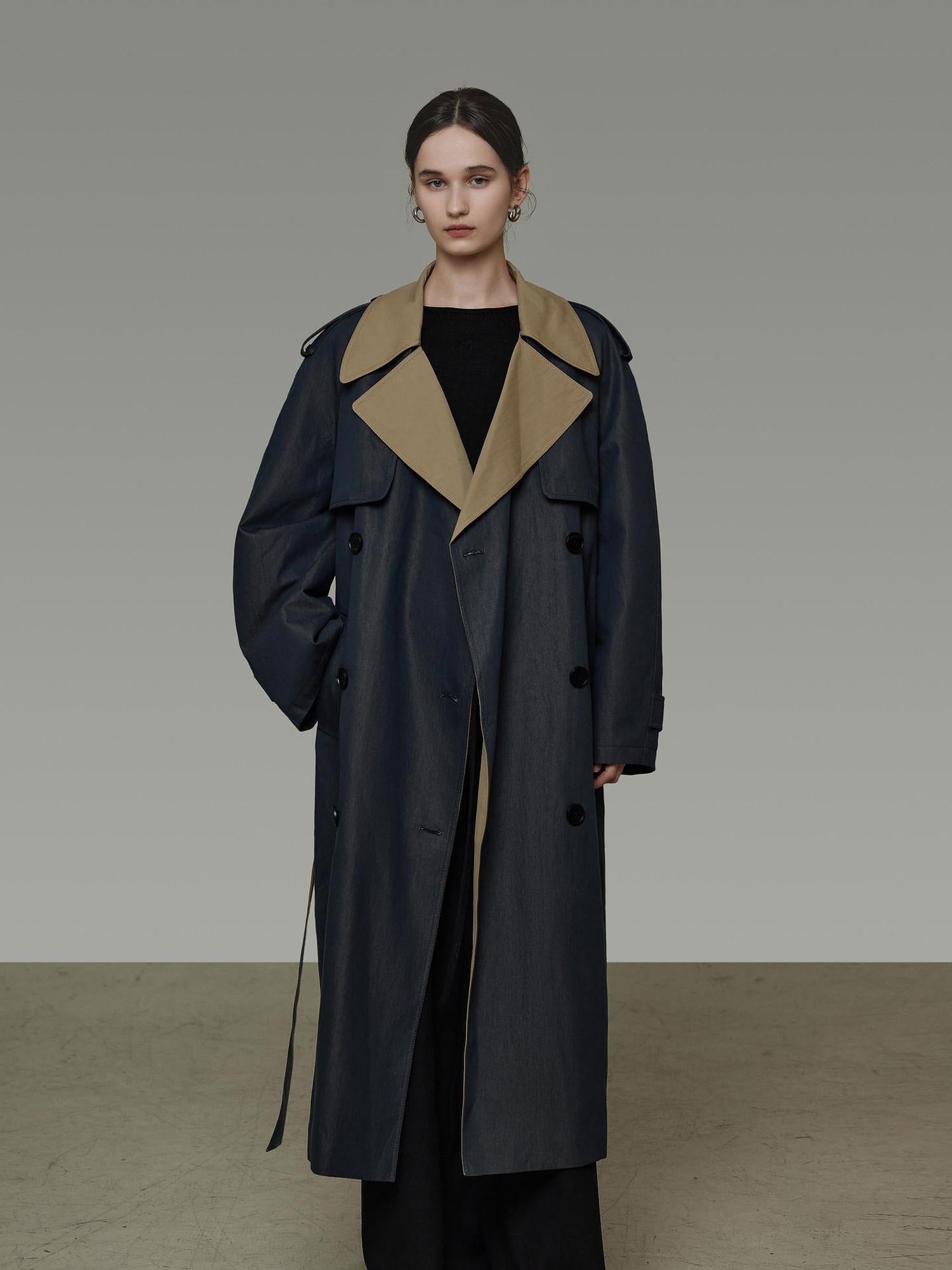 unspoken Navy Cotton Denim Double Breasted Loose Fit Commuter Women Trench Coats