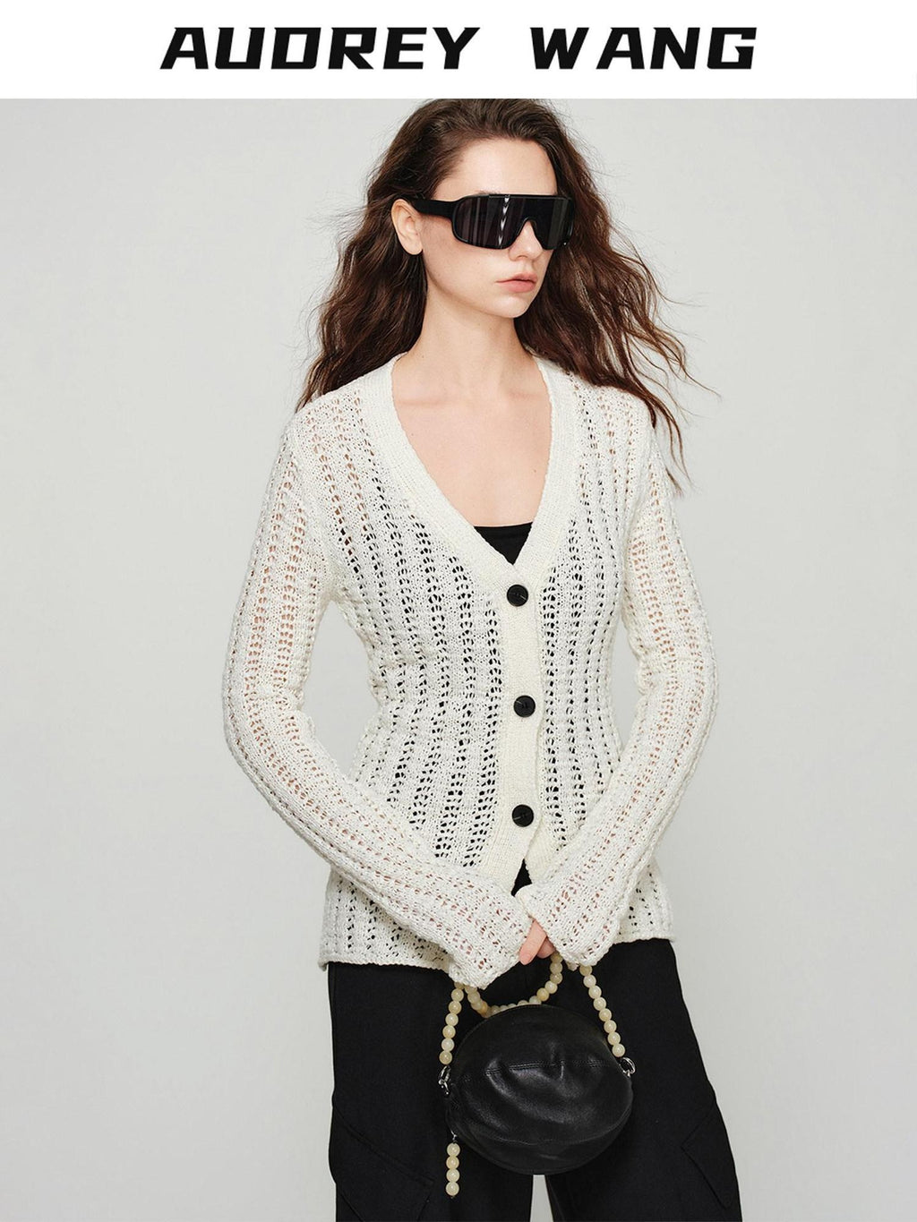 audreyyang Lightweight Openwork Slim V-neck Button Knitted Cotton Women Cardigans