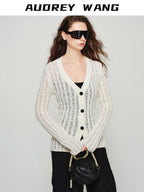 audreyyang Lightweight Openwork Slim V-neck Button Knitted Cotton Women Cardigans