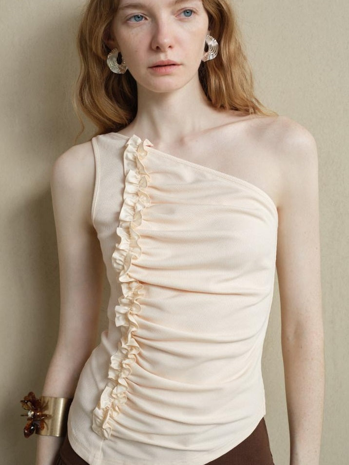 someone sometimes Soft Viscose Blend Slim Fit One Shoulder Beige Stretch Ruching Tank Tops