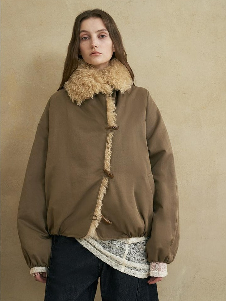 someonesometimes Cozy Commuter Cotton Blend Relaxed Short Collar Gray Brown Olive Puffer Jackets