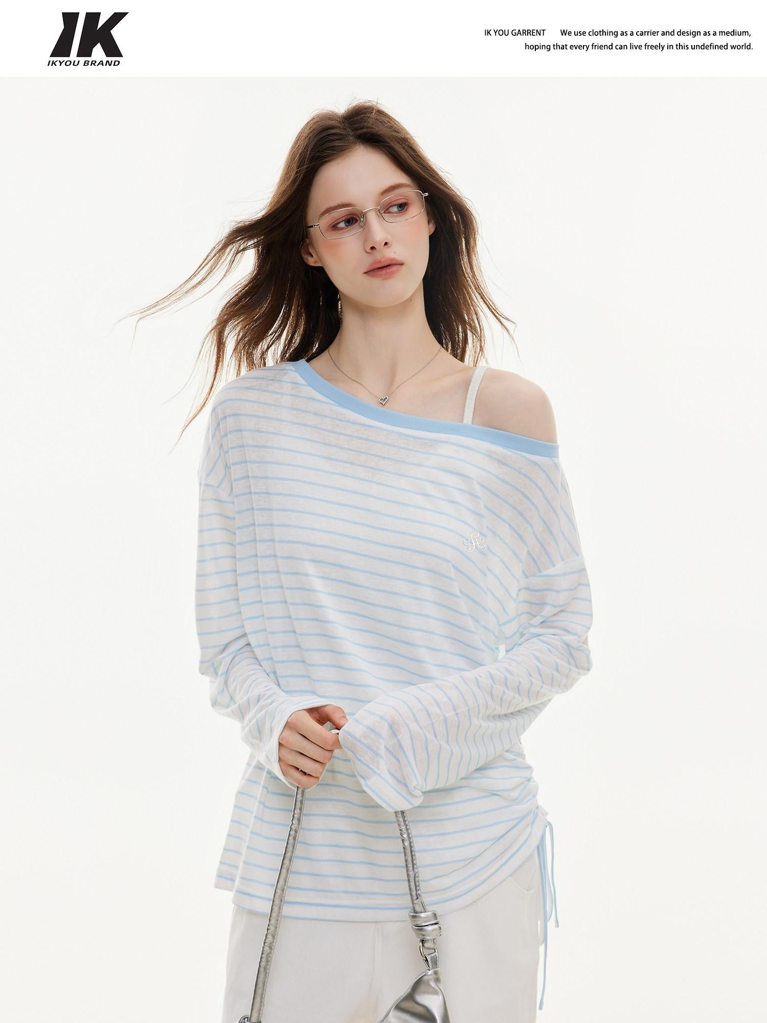 ikyou Cooling Lyocell Loose Embroidered Women Blue Striped Long Sleeve T-Shirts