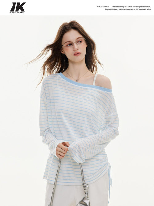 ikyou Cooling Lyocell Loose Embroidered Women Blue Striped Long Sleeve T-Shirts