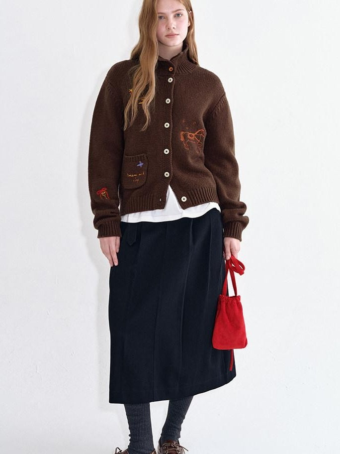 fano Soft Wool Blend Knit Commuter Loose Fit Stand Collar Women Brown Cardigans