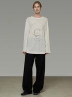 unspoken Lightweight Printed Minimalist Loose Round Neck Women Cream Pullover Sweaters