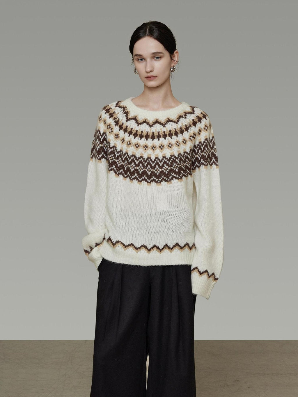 unspoken Warm Colorblock Commuter Loose Fit Crew Neck Pullover Knitwear Beige Sweaters