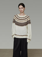 unspoken Warm Colorblock Commuter Loose Fit Crew Neck Pullover Knitwear Beige Sweaters