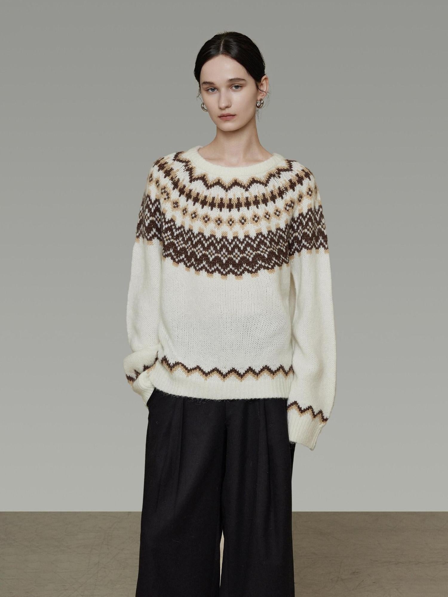 unspoken Warm Colorblock Commuter Loose Fit Crew Neck Pullover Knitwear Beige Sweaters
