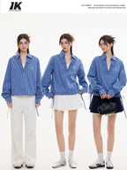 ikyou Stain Resistant Slimming Loose 3D Embroidered V-neck Workwear Plaid Blue Blouses