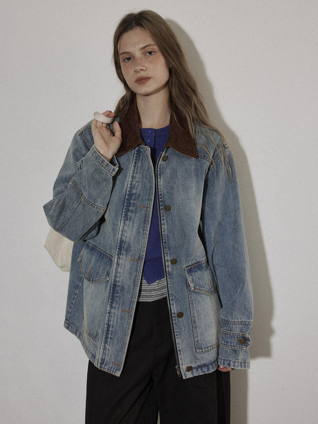 Lofi choose Cotton Colorblock Loose Fit Women Button Midlength Blue Denim Jackets