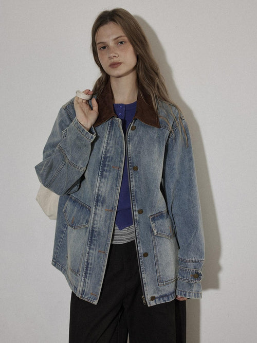 Lofi choose Cotton Colorblock Loose Fit Women Button Midlength Blue Denim Jackets