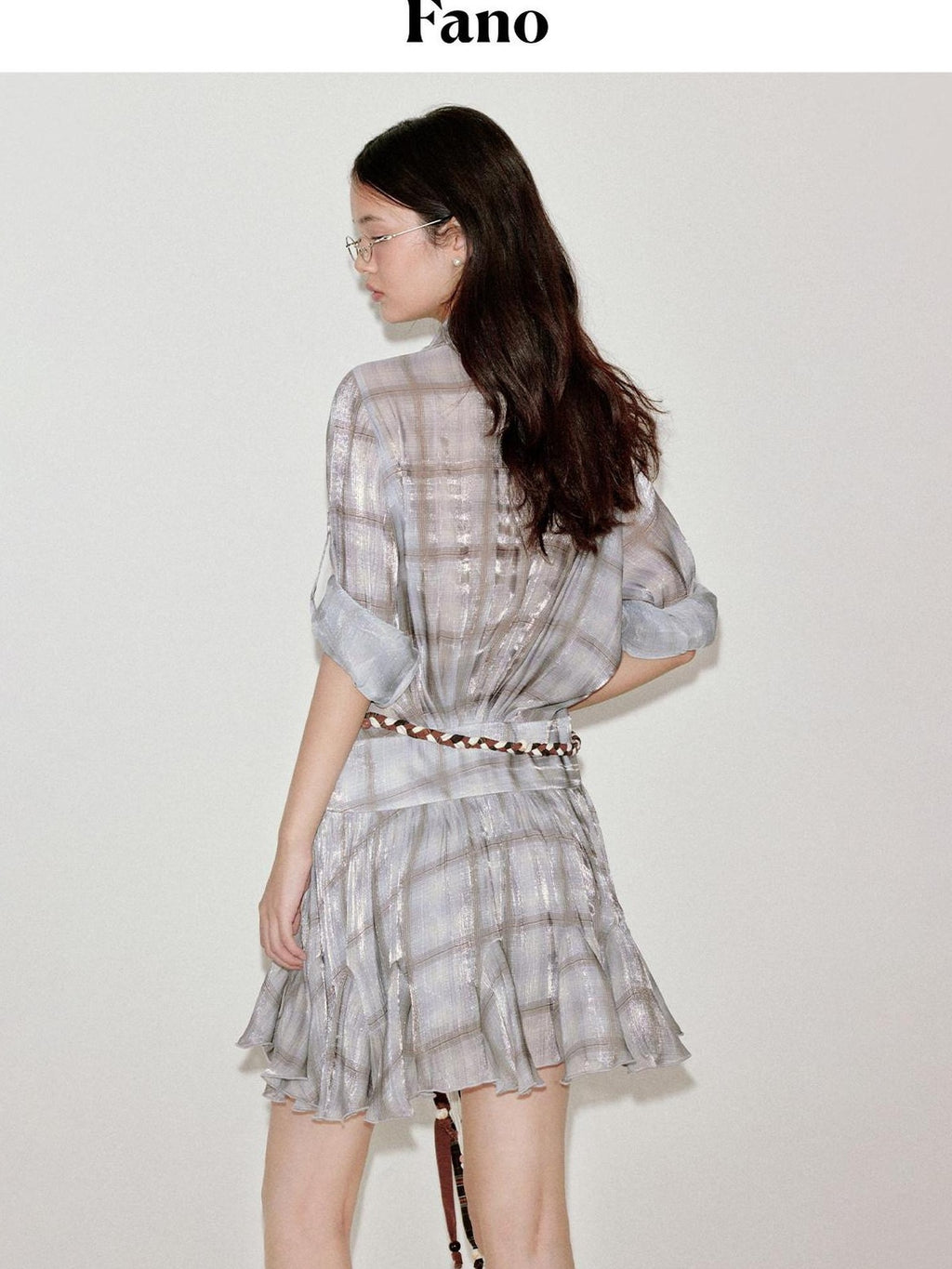 fano Plaid Korean Workwear A Line Natural Waist Mid Sleeve Khaki Midi Dresses