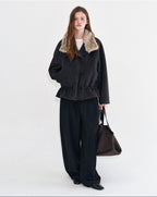 fano Warm Wool Blend Relaxed Stand Collar Drawstring Women Black Gray Short Coat