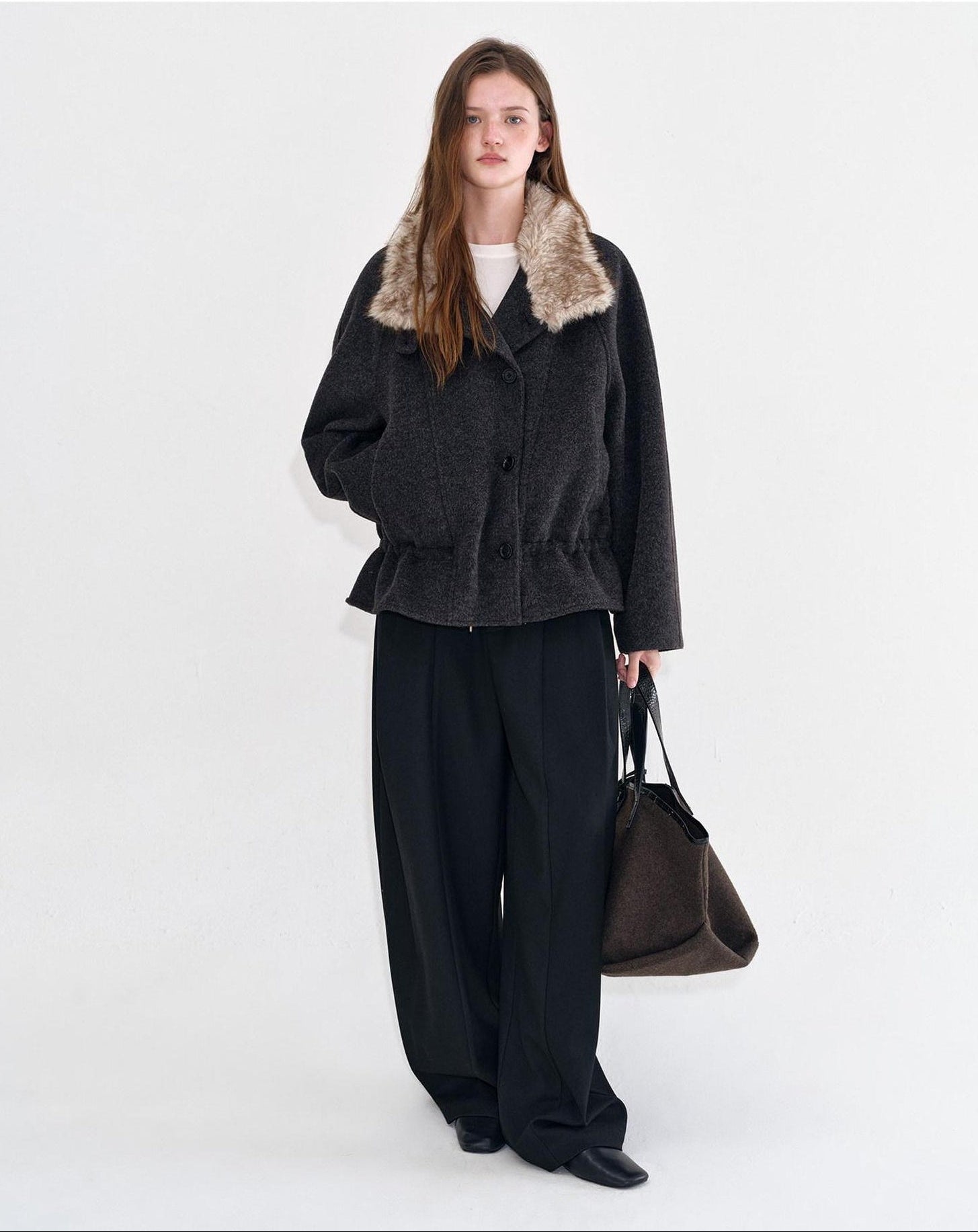 fano Warm Wool Blend Relaxed Stand Collar Drawstring Women Black Gray Short Coat