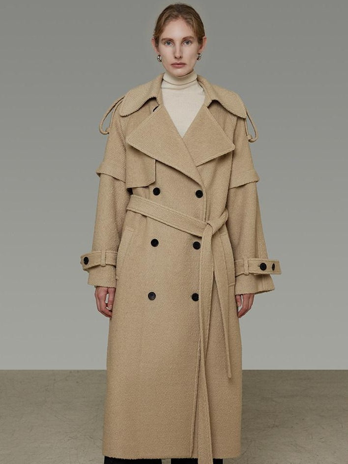 unspoken Elegant Minimal Workwear Oversized Double Breasted Lapel Khaki Wool Coats