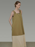 unspoken Khaki Beige Colorblock Sleeveless H Line Round Neck Loose Waist Maxi Dresses
