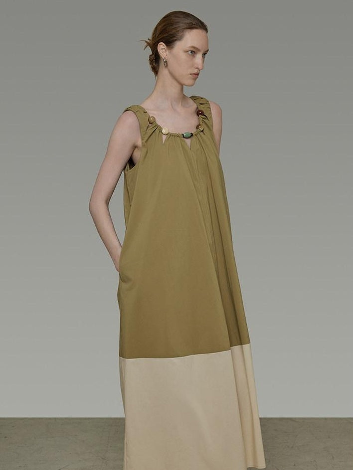 unspoken Khaki Beige Colorblock Sleeveless H Line Round Neck Loose Waist Maxi Dresses