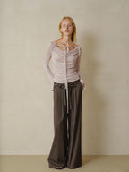 someonesometimes Lyocell Blend Slim Ruched Bell Sleeve Mauve Drape Neck Long Sleeve T-Shirts