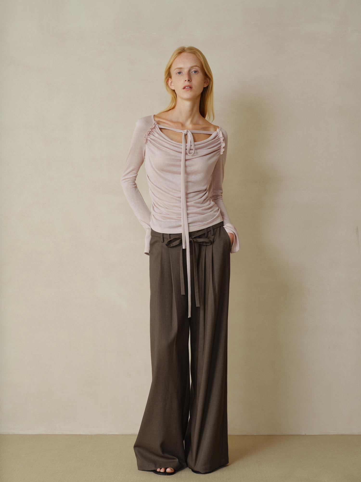 someonesometimes Lyocell Blend Slim Ruched Bell Sleeve Mauve Drape Neck Long Sleeve T-Shirts
