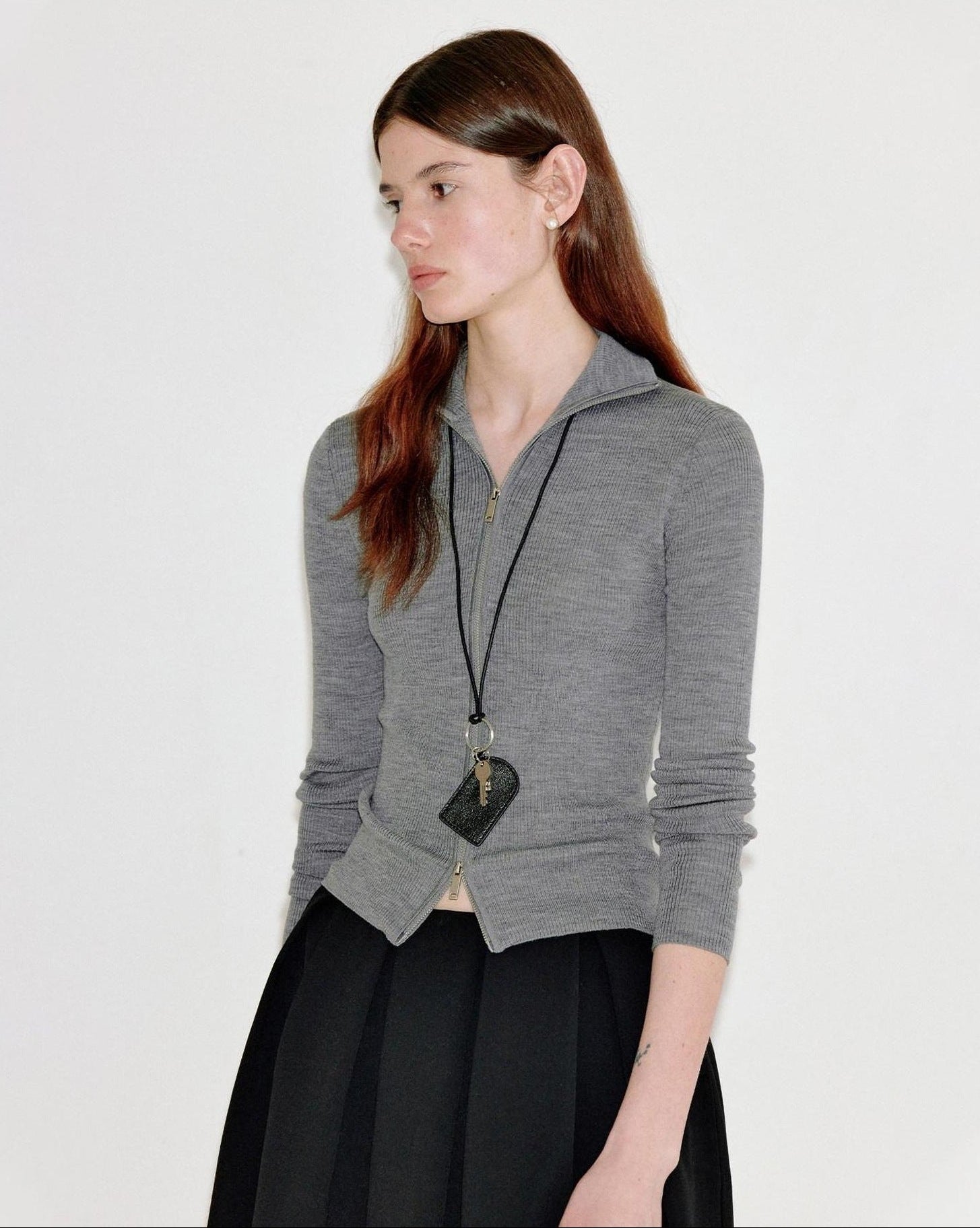fano Cozy Lambswool Blend Zip Front Casual Fit Women Mottled Gray Knit Cardigans