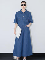 audreyyang Linen Blend Collared Short Sleeve Button Casual Denim Blue Top & Skirt Sets
