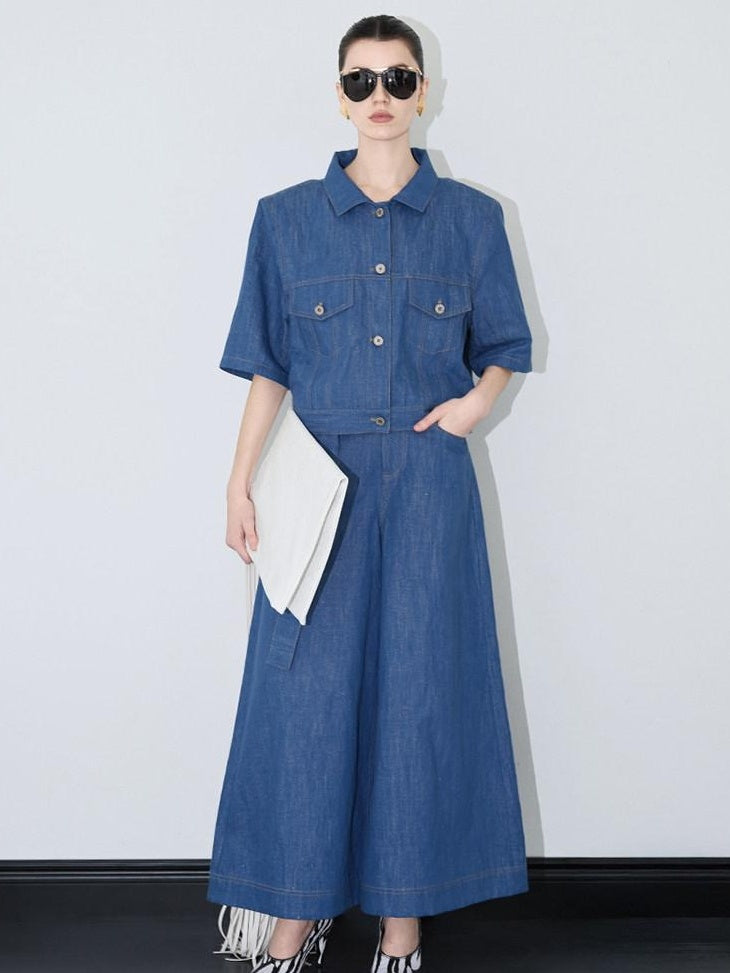 audreyyang Linen Blend Collared Short Sleeve Button Casual Denim Blue Top & Skirt Sets