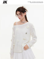 ikyou Warm Wool Blend Pullover Loose Crochet 3D Detail Office Boat Neck White Sweaters