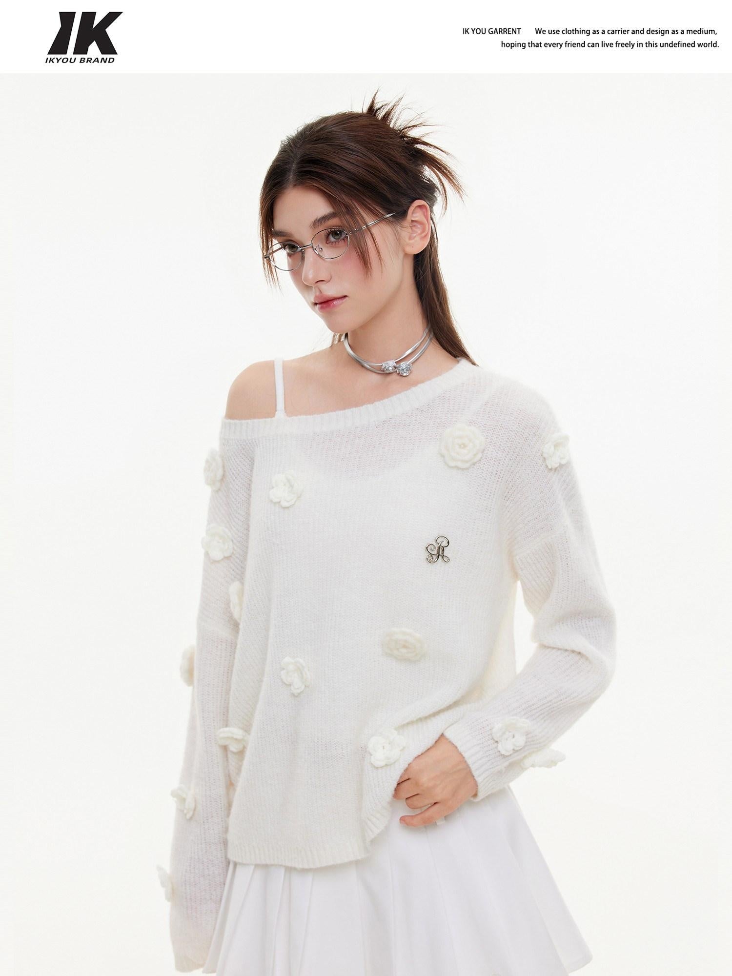 ikyou Warm Wool Blend Pullover Loose Crochet 3D Detail Office Boat Neck White Sweaters