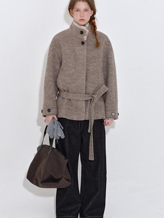 fano 70 Wool 30 Polyester Light Brown Women Korean Commuter Stand Collar Wool Coats