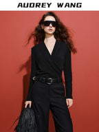 audreyyang Soft Lyocell Blend V-neck Long Sleeve Slim Fit Black Women Midi Dresses