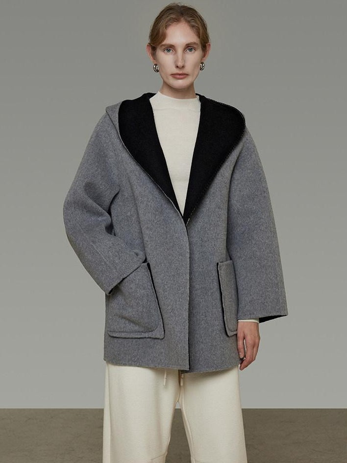 unspoken Minimal Commute Relaxed Fit Hooded Tie Waist Sculpted Cut Black Gray Wool Coats