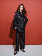 audreyyang Pu Faux Leather Casual Natural Waist Zip Fly Women Straight Pants