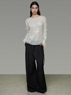 unspoken Breathable Knit Minimalist Relaxed Fit Butterfly Round Neck White Blouses