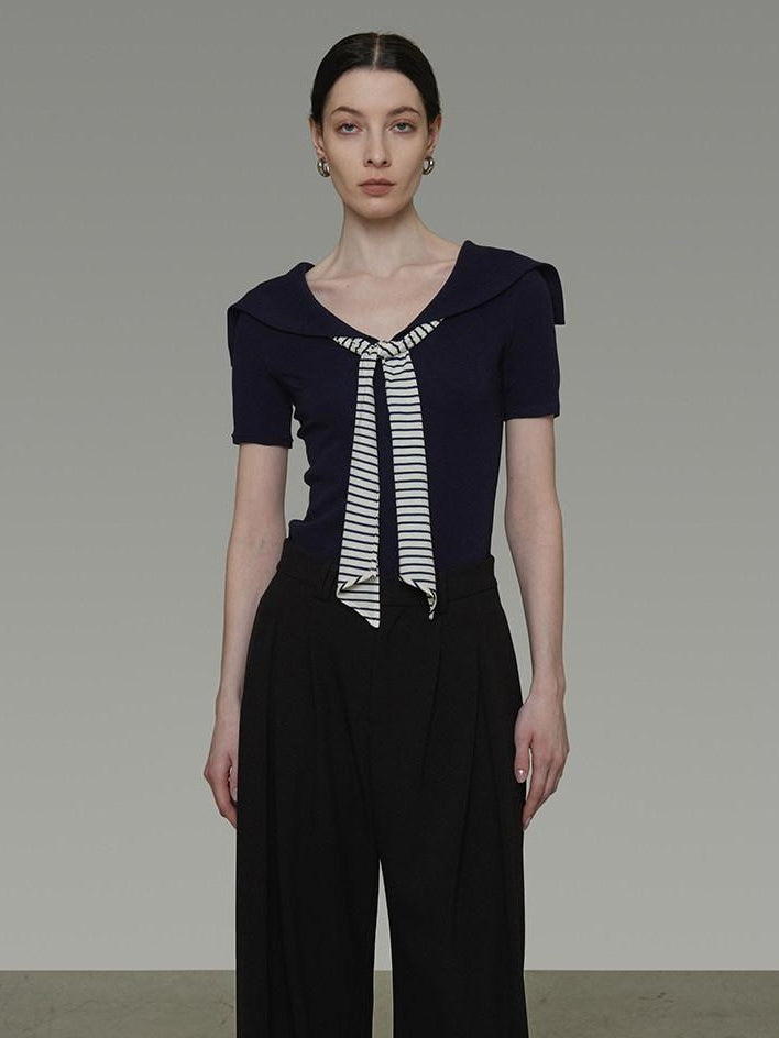 unspoken Soft Viscose Knit Slim Fit Colorblock Tie Women Office Short Sleeve T-Shirts