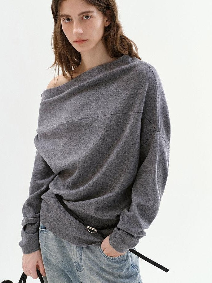 fano Minimalist Office Regular Asymmetric Neck Batwing Sleeve Women Nylon Sweaters