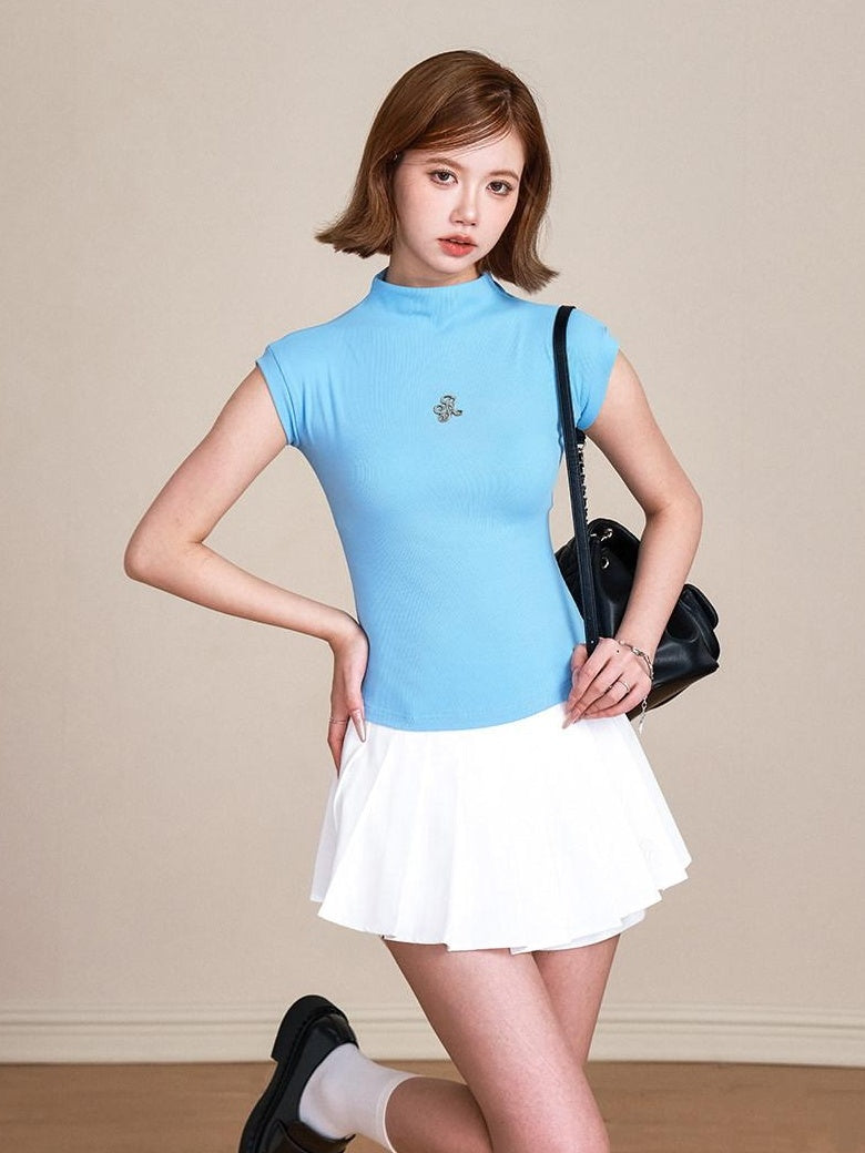 ikyou 3D Embellished Slim Fit Mock Neck Commuter Cotton Short Sleeve T-Shirts