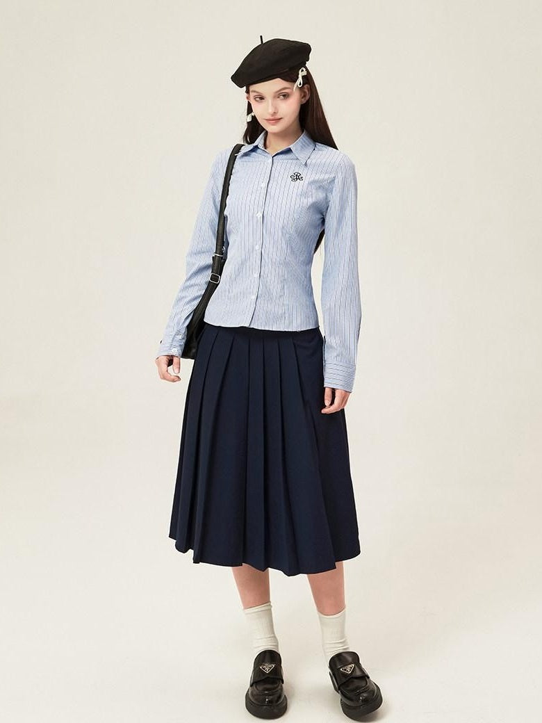 ikyou Embroidered Slim Commuter Square Neck Striped Long Sleeve Cotton Blend Shirts