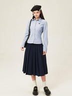 ikyou Embroidered Slim Commuter Square Neck Striped Long Sleeve Cotton Blend Shirts