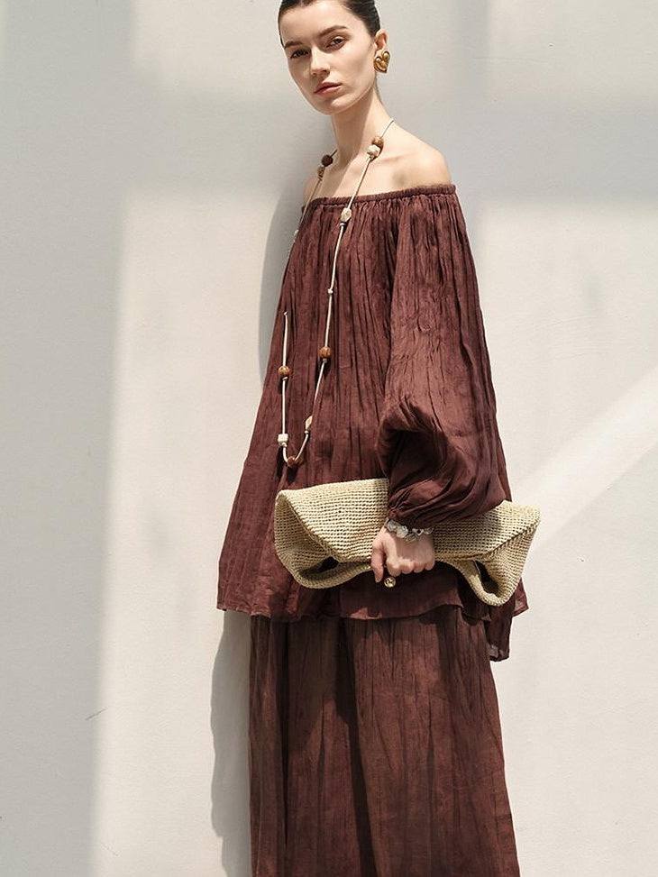 audreyyang Linen Long Sleeve Vintage Loose Round Neck Dusty Rose Women Top & Skirt Sets