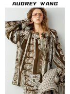 audreyyang Casual Loose V-neck Long Sleeve Printed Button Eco Viscose Ramie Women Blouses
