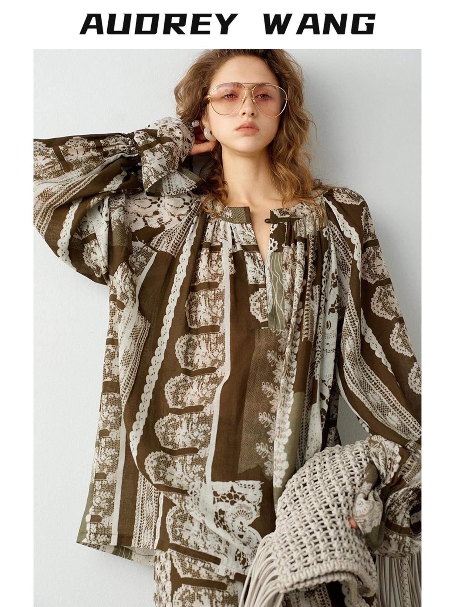 audreyyang Casual Loose V-neck Long Sleeve Printed Button Eco Viscose Ramie Women Blouses