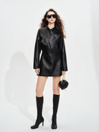 audreyyang Sheepskin Leather Cinched Waist French Tie Neck A Line Work Date Midi Dresses