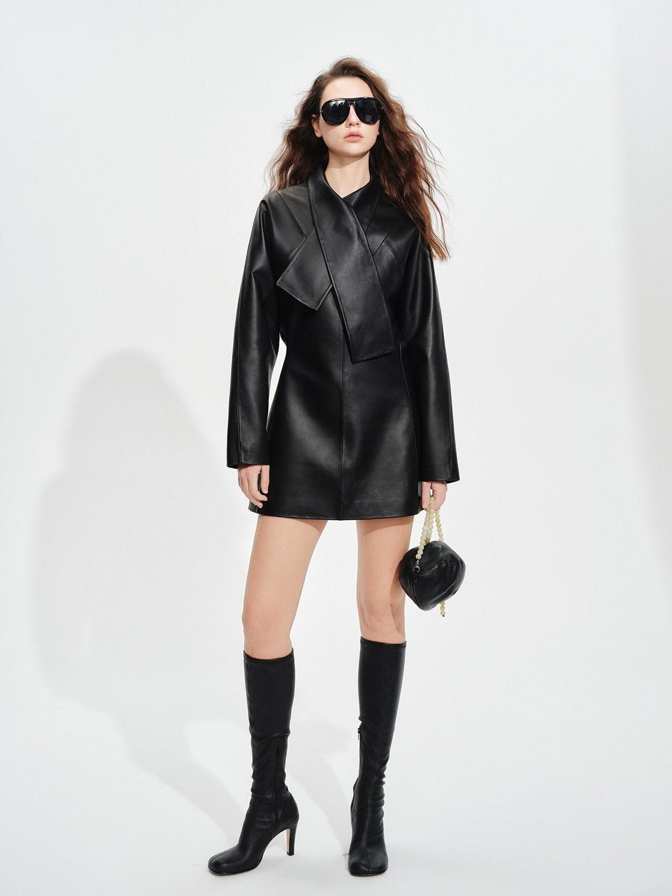 audreyyang Sheepskin Leather Cinched Waist French Tie Neck A Line Work Date Midi Dresses