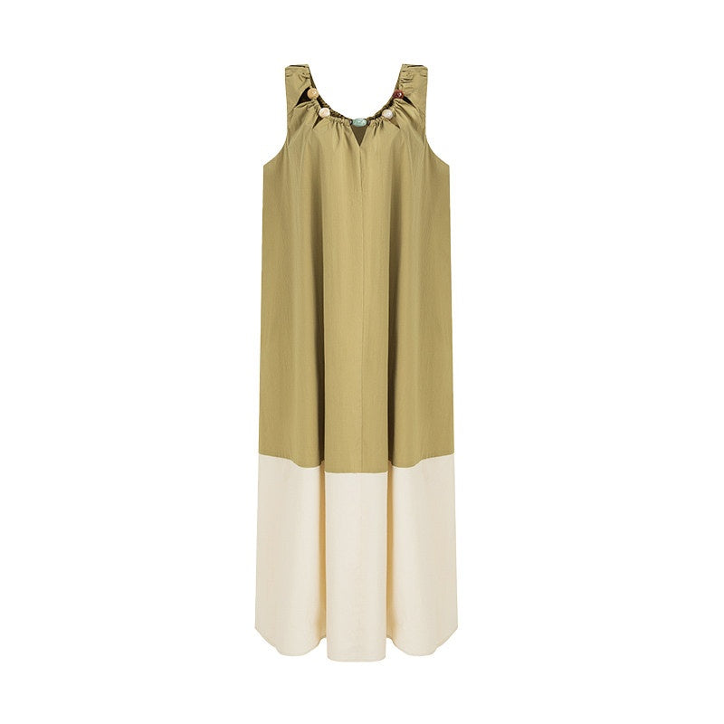 unspoken_Khaki_Beige_Colorblock_Sleeveless_H_Line_Round_Neck_Loose_Waist_Maxi_Dresses_MISSTT
