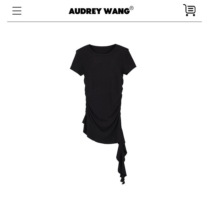 audreyyang_Modal_Cotton_Ruched_Commuter_Slim_Round_Neck_Womens_Black_Short_Sleeve_T-Shirts_MISSTT