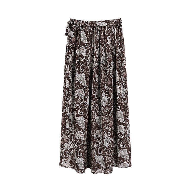 someonesometimes Lace Paisley Tie Mid Waist Relaxed H Line Casual Vacation Ladies Maxi Skirts