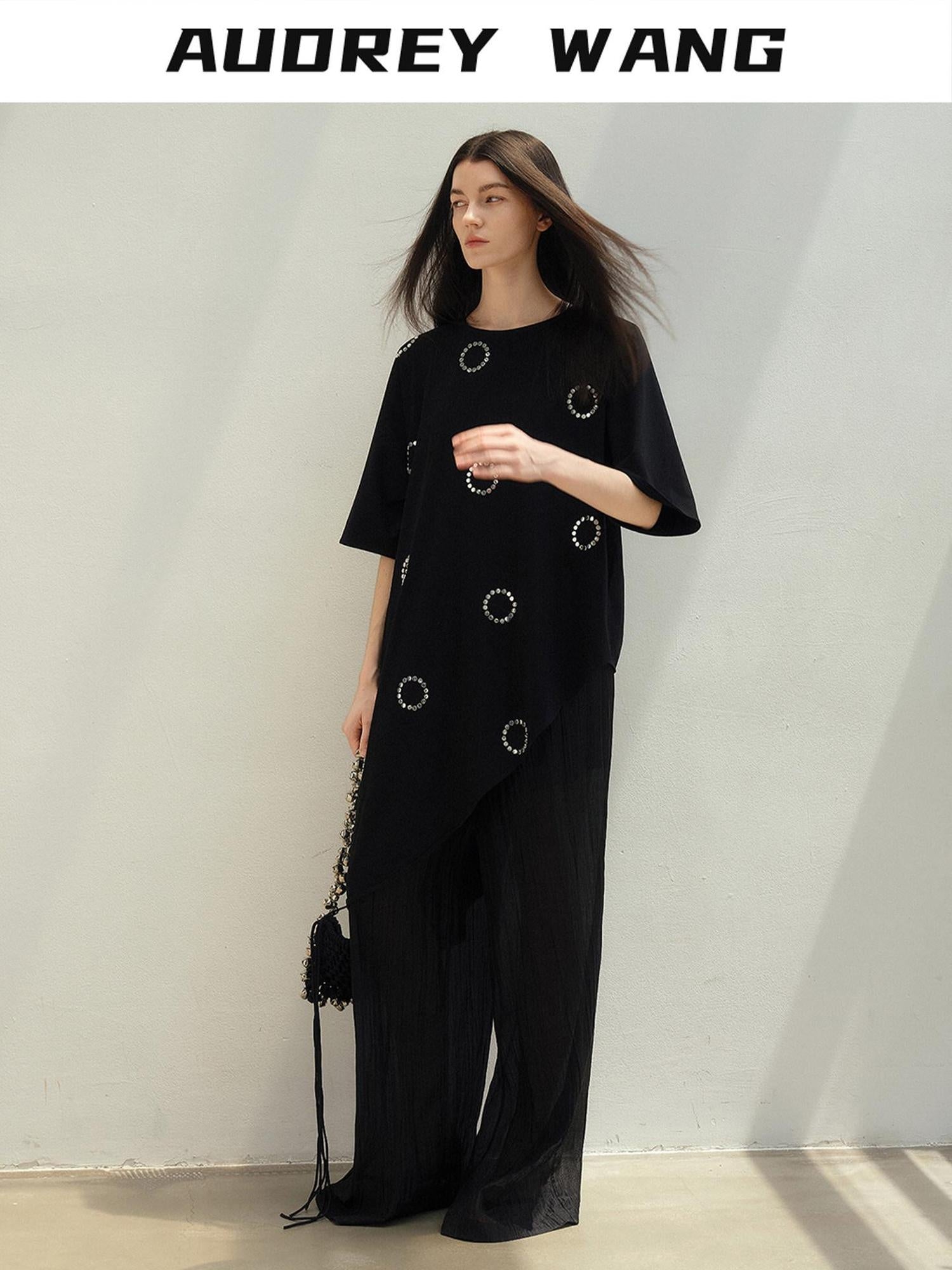 audreyyang Rhinestone Minimal Asymmetric Loose Fit Cotton Midlength Short Sleeve T-Shirts
