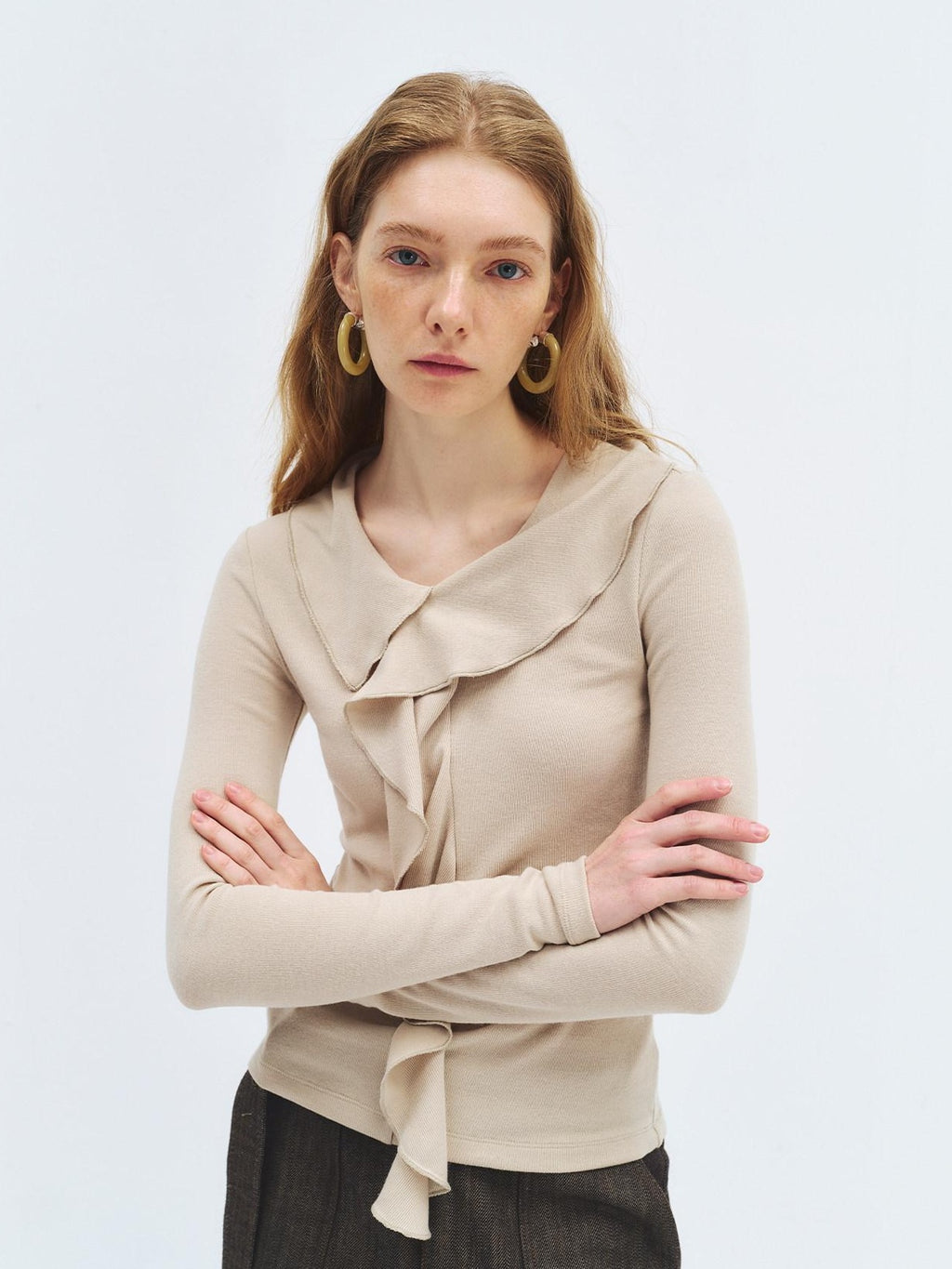 someonesometimes Soft Stretch Knit Slim Fit Casual V-neck Women Sand Long Sleeve T-Shirts